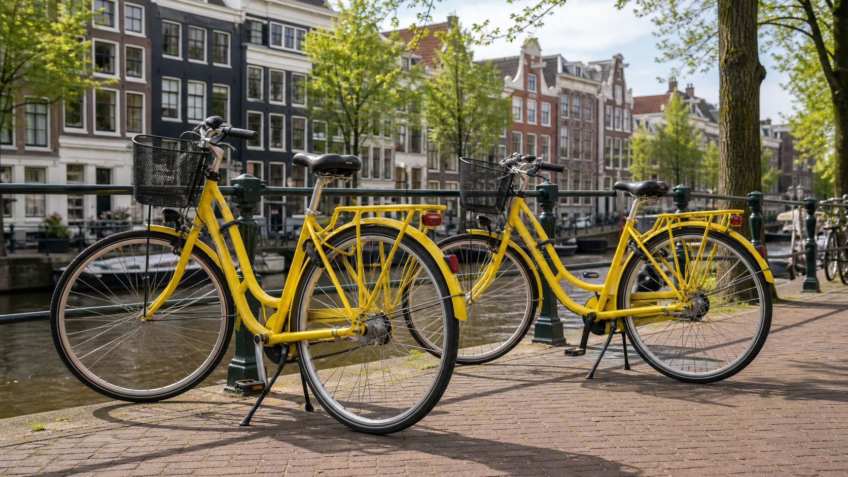 Yellow rental bikes parked beside an Amsterdam canal